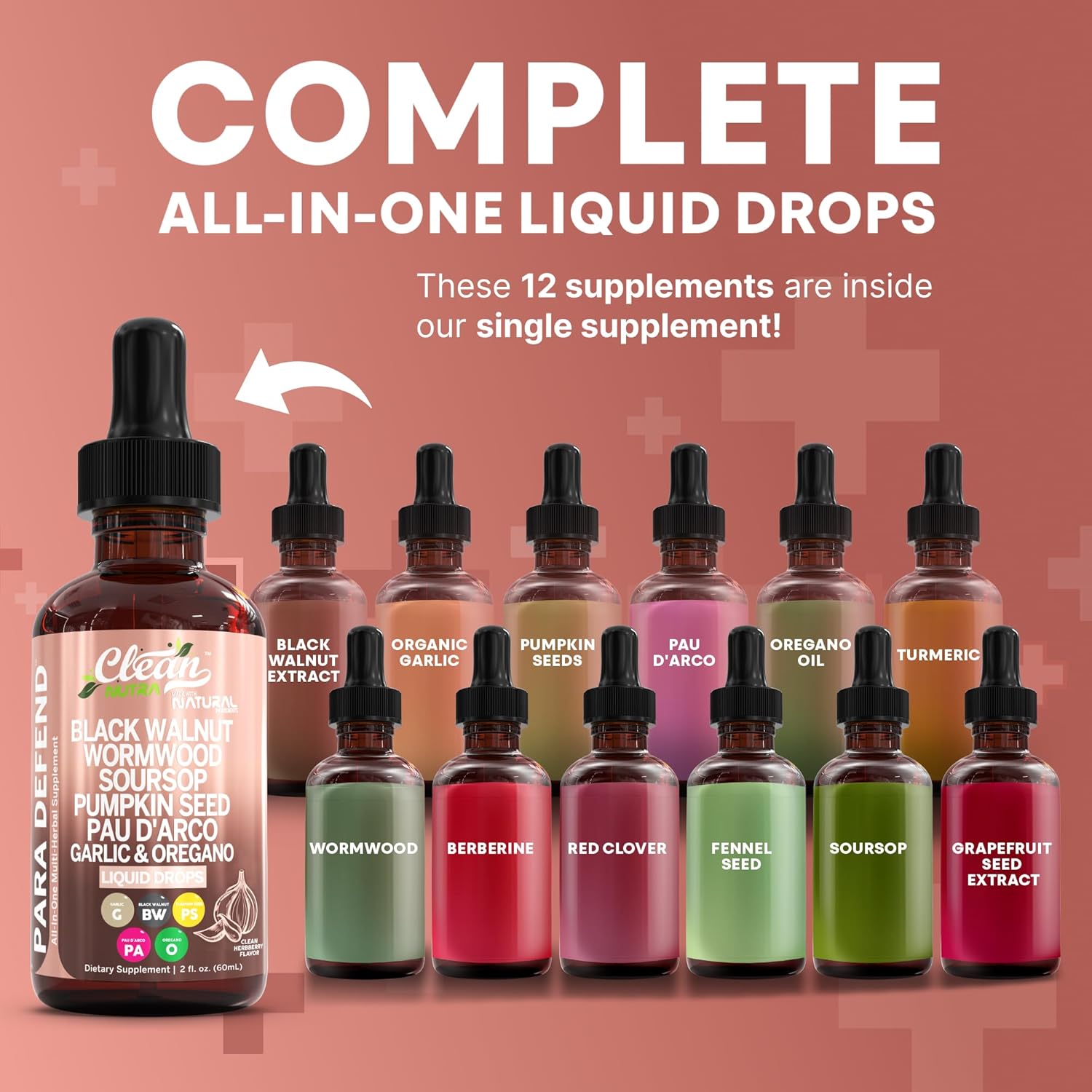 para Defend Wormwood Black Walnut Cleanse for Humans Drops Liquid Soursop Garlic Pumpkin Seed PAU D'Arco Oil of Oregano Turmeric Berberine Neem Extract Hull Bark Tincture by Clean Nutra