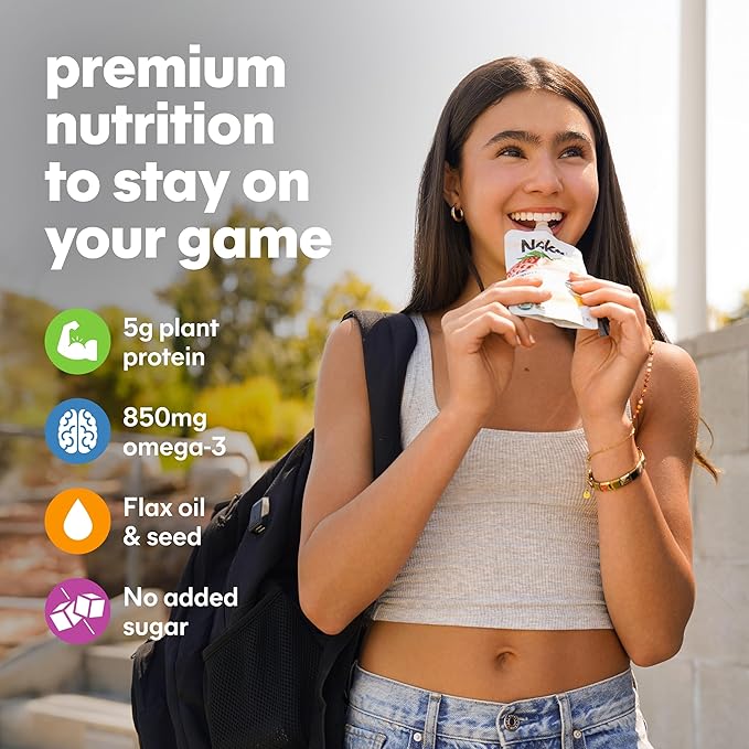 Noka Superfood Fruit Smoothie Pouches Ready to Drink with Brain Support, Healthy Snacks w/ 850mg Omega-3 Flax Seed Plant Protein Vegan Gluten Free Organic Fruit Squeeze Pouch Blueberry Acai 4.22 oz 12 Count