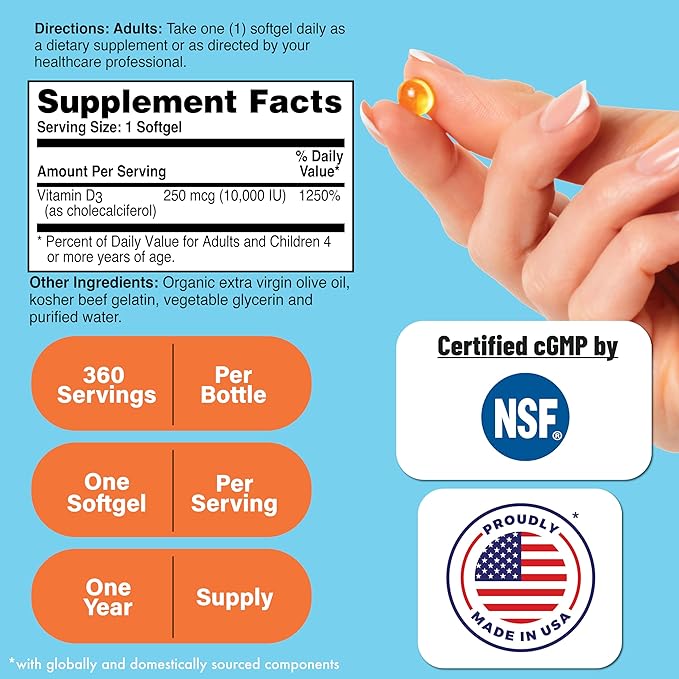 Health Thru Nutrition Vitamin D3 10,000iu 360 Mini Softgels for Maximum Benefit Year Supply | 250mcg Cholecalciferol | 3rd Party Tested | Non-GMO USP Grade in Organic EVOO | Immune Health Support