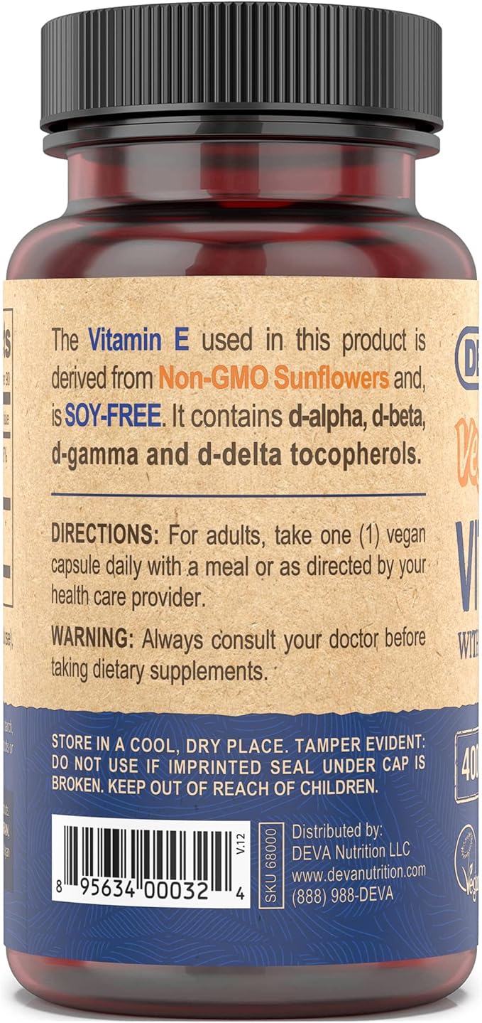 DEVA Vegan Natural Source Vitamin E 400IU with Mixed tocopherols, Soy-Free – 90 Veg Caps (Pack of 2)