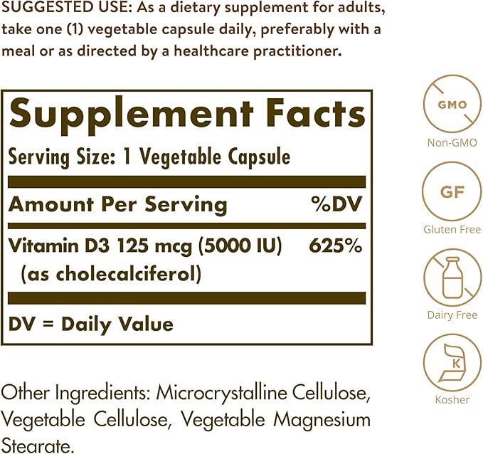 Solgar Vitamin D3 (Cholecalciferol) 125 mcg (5000 IU), 240 Vegetable Capsules - Helps Maintain Healthy Bones & Teeth - Immune System Support - Non-GMO, Gluten Free - 240 Total Servings