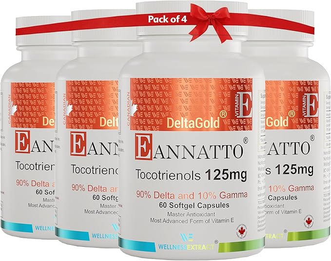 WELLNESS EXTRACT Eannatto Tocotrienols Vitamin E Supplements Tocopherol Free, Non-GMO, Gluten Free & Antioxidant 125MG 60 Softgels (Pack of 4)