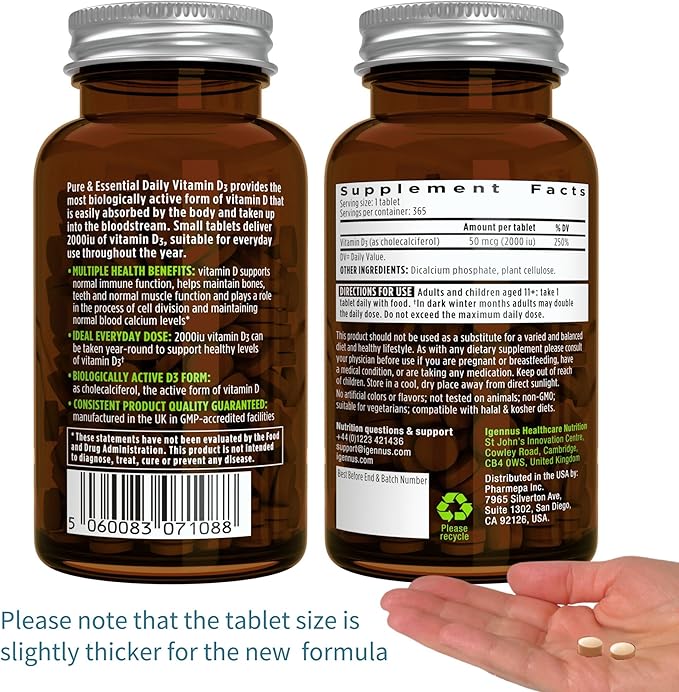Igennus Daily Vitamin D3 2000iu, 50 mcg, Clean Label, 365 Small Tablets, 1-Year Supply, Vegetarian Cholecalciferol Vitamin D Supplement
