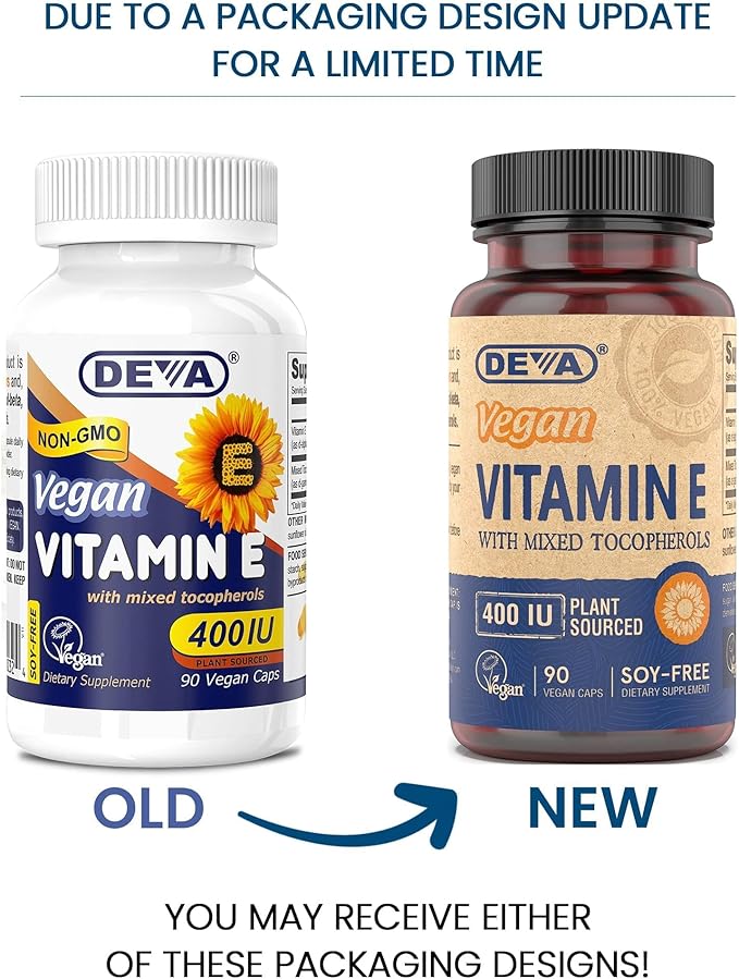 DEVA Vegan Natural Source Vitamin E 400IU with Mixed tocopherols, Soy-Free – 90 Veg Caps (Pack of 2)
