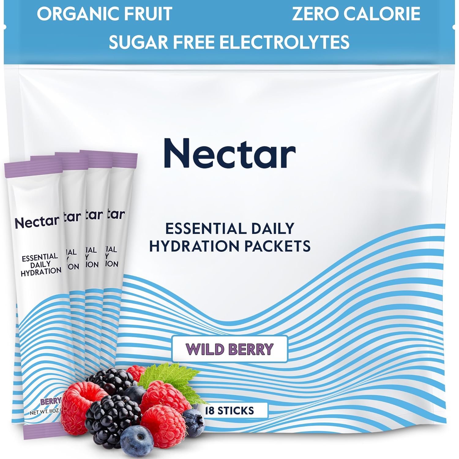 Nectar Hydration Packets - Electrolytes Powder Packets - No Sugar or Calories - Organic Fruit Liquid Daily IV Hydrate Packets for Dehydration Relief and Rapid Rehydration (Berry 18 Pack)
