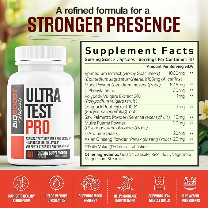 Ultra Test PRO | 9 in 1 Testosterone + Blood Flow Booster Supplement for Male Performance | Build Strength, Muscle, Energy Boost, Vitality | Horny Goat Weed, Maca + 7 More | 60 Capsules for Men