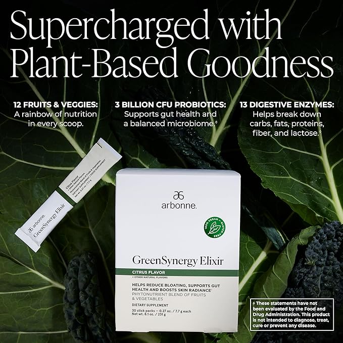 Arbonne GreenSynergy Elixir – Citrus-Flavored Greens Powder with 13 Digestive Enzymes, Vegan Collagen Builder, Probiotics, and Prebiotics – Supports Gut Health and Digestion – 30 Stick Packs