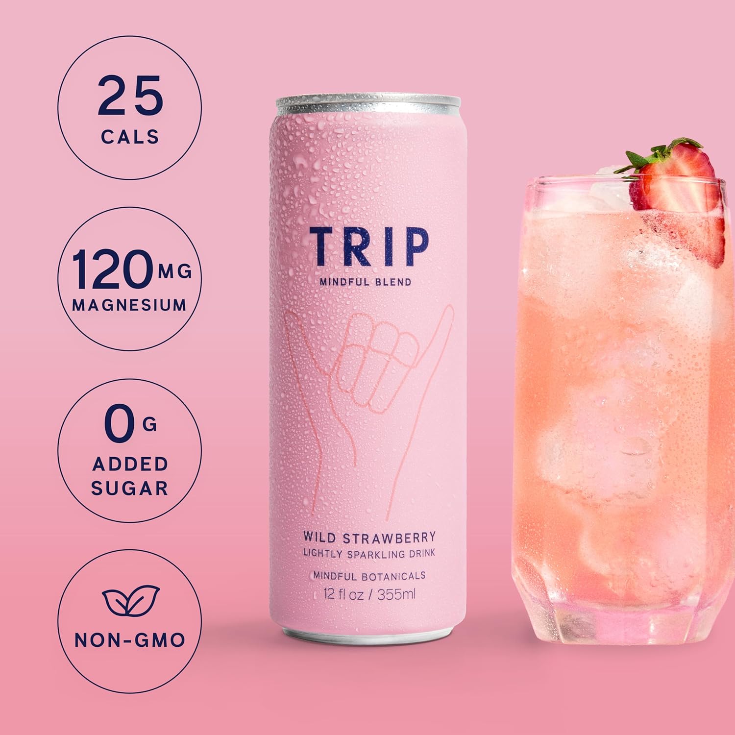 Trip Drink Mindful Blend, Lightly Sparkling Calming Drink, Adaptogen Drink 120 MG Magnesium Citrate with Ashwagandha, Lions Mane & L Theanine, No Added Sugar, Low Calorie, Vegan, Wild Strawberry, 12 Oz, 12Pk