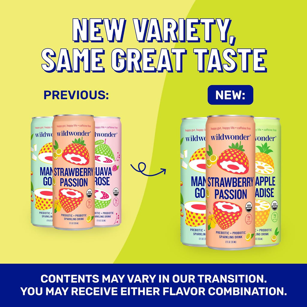 wildwonder Sparkling Probiotic Drink 12pk, For Gut Health & Immune Support, Tropical Vibes Variety, 5g Prebiotic Fiber, Live Probiotics, Organic, Vegan, Low Sugar, 12Pack, 12oz Can, Seen on Shark Tank