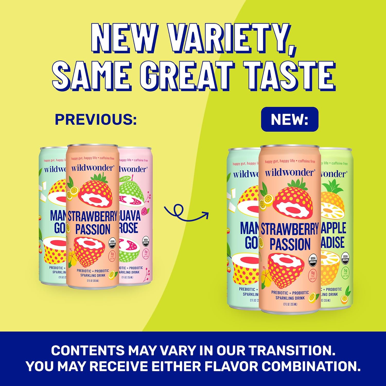 wildwonder Sparkling Probiotic Drink 12pk, For Gut Health & Immune Support, Tropical Vibes Variety, 5g Prebiotic Fiber, Live Probiotics, Organic, Vegan, Low Sugar, 12Pack, 12oz Can, Seen on Shark Tank