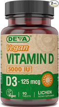 DEVA Vitamin D3 5000 IU, Sunshine Supplement, 125 mcg of Vegan D3, 90-Count Bottle