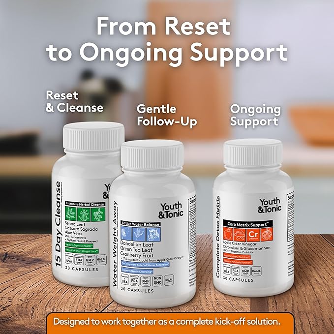 Youth & Tonic 3PK Detox Cleanse Kick Off Weight Management & Bloating Support – 15 Day Colon & Gut Cleanse, Water Weight Away & Detox Matrix Complex – 90 Pills