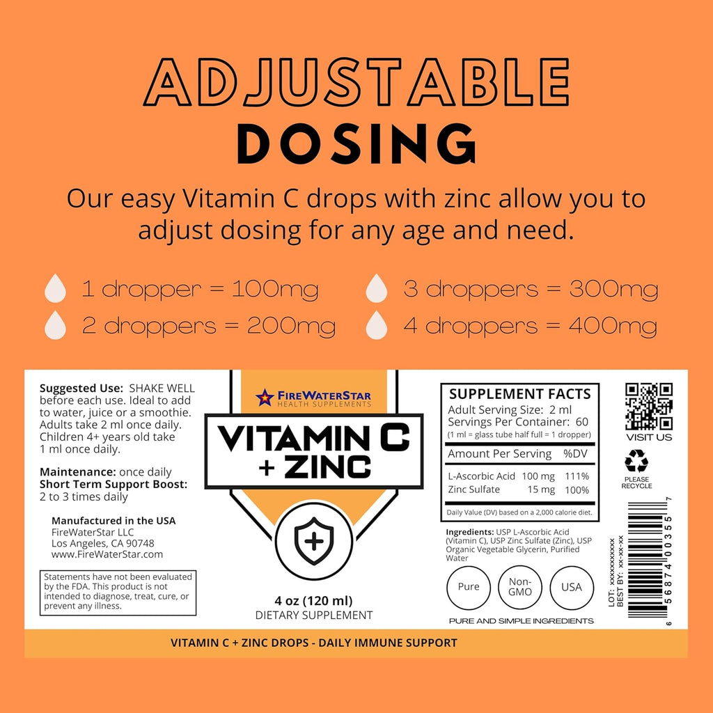 FWS Liquid Vitamin C with Zinc Supplement for Adults and Kids, Organic, Non-GMO, Vegan, Easy VIT C Drops, Ascorbic Acid, 60 Day Supply, Supports Immune System and Skin Health, Essential Vitamin, 4 oz