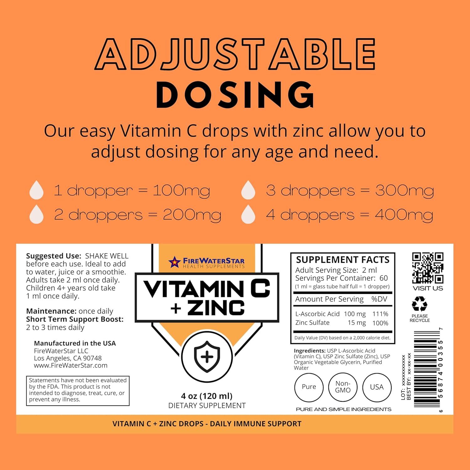 FWS Liquid Vitamin C with Zinc Supplement for Adults and Kids, Organic, Non-GMO, Vegan, Easy VIT C Drops, Ascorbic Acid, 60 Day Supply, Supports Immune System and Skin Health, Essential Vitamin, 4 oz