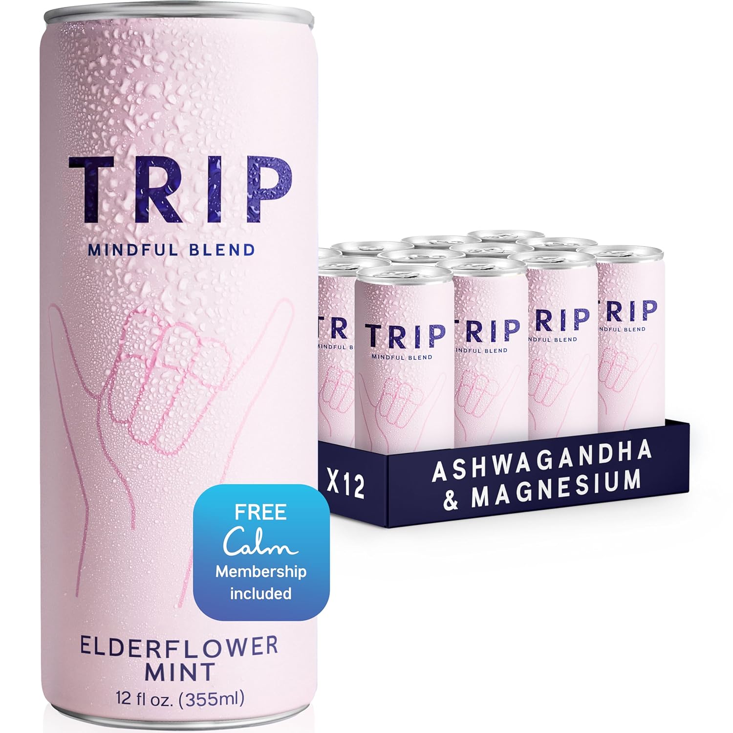 Trip Mindful Blend, Lightly Sparkling Adaptogen Seltzer, Mocktail w/ 120mg Magnesium Citrate with Ashwagandha, Lions Mane & L Theanine, No Added Sugar, Vegan, Elderflower Mint, 12 Oz, 12Pk