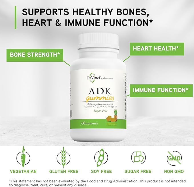 DAVINCI Labs ADK Gummies - Helps Support Bone Health & Immune Response* - Multivitamin Gummy with Vitamins A, D3 & MK-7 - Vegetarian, Gluten Free, Soy Free - Pineapple Flavor - 60 Gummies