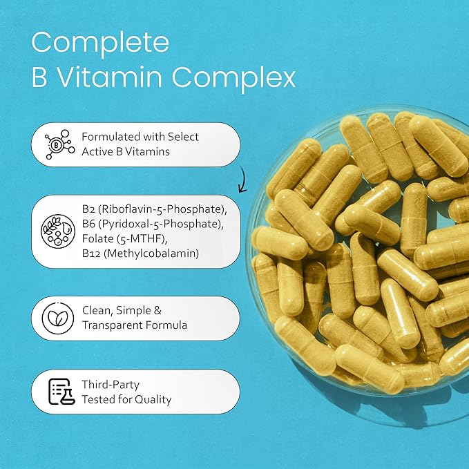 Vitamin B-Complex with Vitamin C – Includes Active B2 (Riboflavin-5-Phosphate), B6 (Pyridoxal-5-Phosphate), B9 (5-MTHF) and B12 (Methylcobalamin); plus B1, B3, B5 and B7 – 100 Capsules (2 Pack)