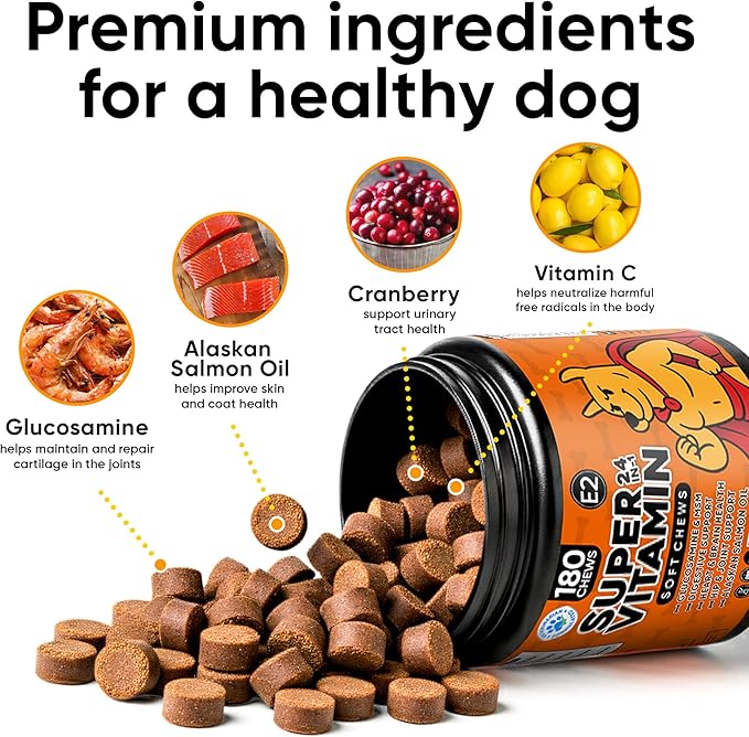 24-in-1 Dog Multivitamin with Glucosamine - Chewable Dog Vitamins and Supplements for Hip & Joints - Ideal for Immune Support and Digestive Health - Best for Senior Dogs and Puppies’ Skin & Heart
