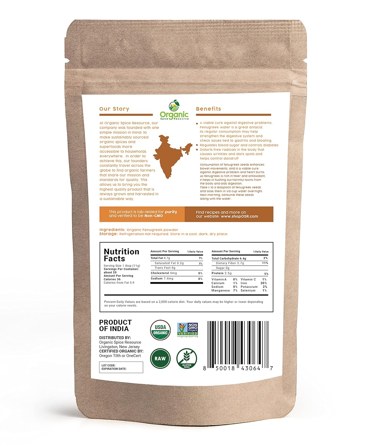 Organic Fenugreek Powder | 16 oz - Pack of 2 | USDA Organics and Non-GMO Verified Project Approved | Product of India | 100% Raw and Natural | Resealable Kraft Bag by SHOPOSR