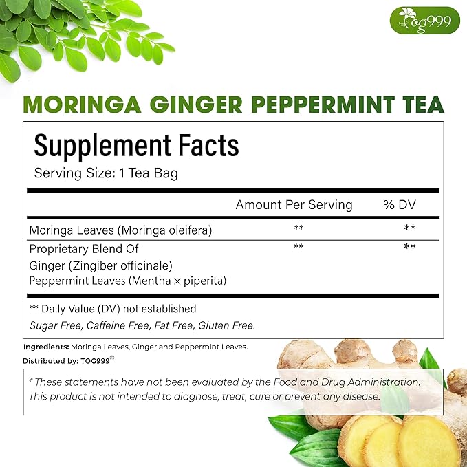 TOG999, Premium Moringa Ginger Peppermint Herbal Tea – 120 Tea Bags – Caffeine-Free, Plant-Based, Non-GMO, Naturally Refreshing Flavor, No Artificial Additives, No Sugar, No Gluten. Vegan