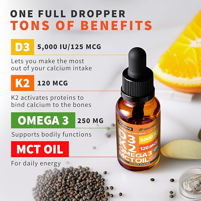 (2 Pack) Organic Vitamin D3 K2 Drops with MCT Oil Omega 3, 5000 IU, Maximum Strength Vitamin D Liquid, No Fillers, Non-GMO Liquid D3 for Faster Absorption, Immune Support (Citrus Flavor, 2 Fl Oz)