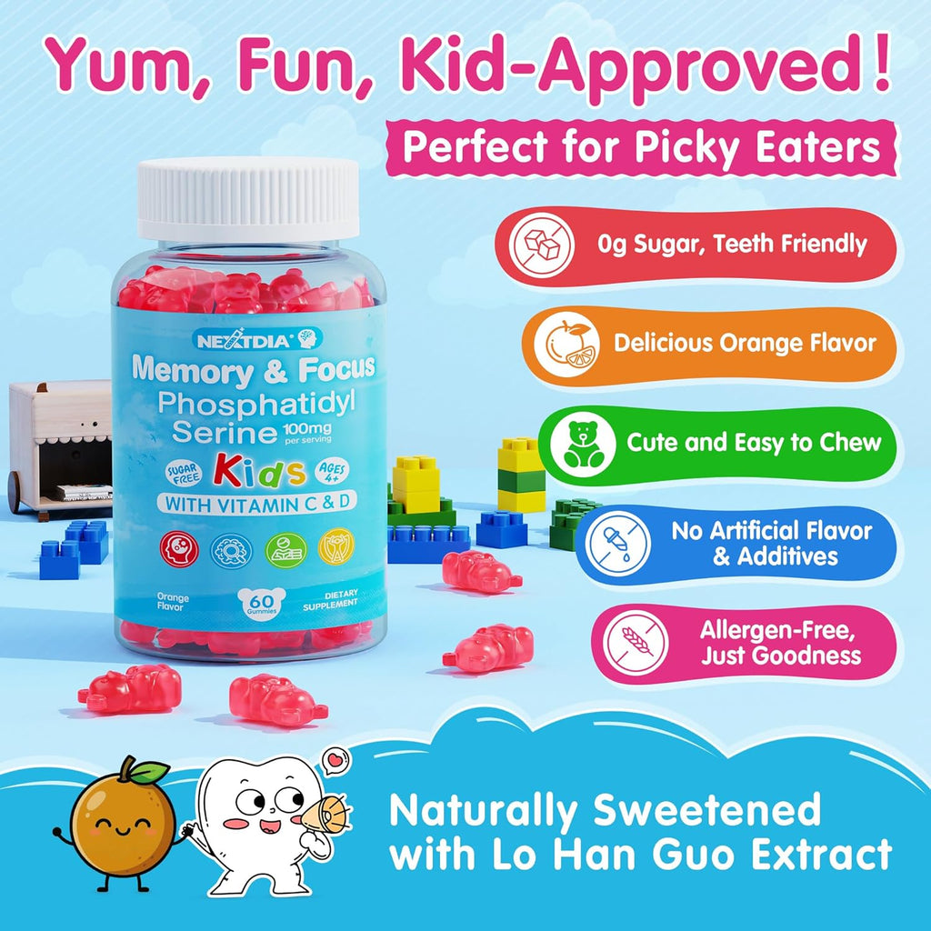 Phosphatidylserine Supplement 100mg, Focus Gummies for Kids Teens + Vitamin C & D3 400IU, Sugar Free Kids Brain Gummies Increase Attention & Concentration, Chewable, Vegan, Gluten Free, Non-GMO 60Cts