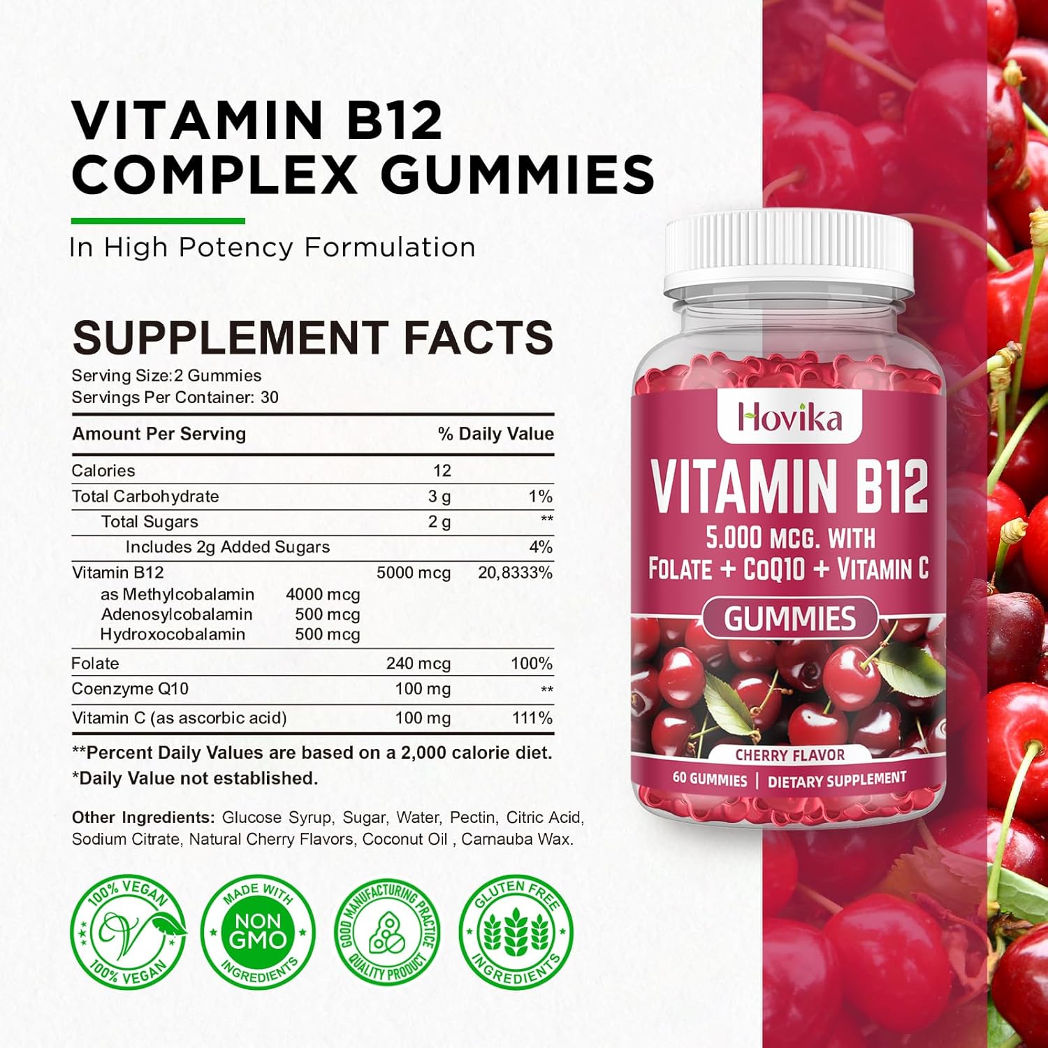 Vitamin B12 Complex 5000 mcg Methyl B12, Adenosyl B12 & Hydroxy B12, with Coenzyme Q10, Folate, Vitamin C, Chewable B 12 for Energy Support, Metabolism, Bone Health - Cherry Flavor