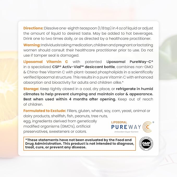 Pure Therapro Rx Liposomal Vitamin C Powder, Patented PureWay Vegan Vitamin C Supplement, Supports Healthy Aging, Immune Function & Collagen Formation, Non-GMO, Made in The USA (66g,120 Servings)