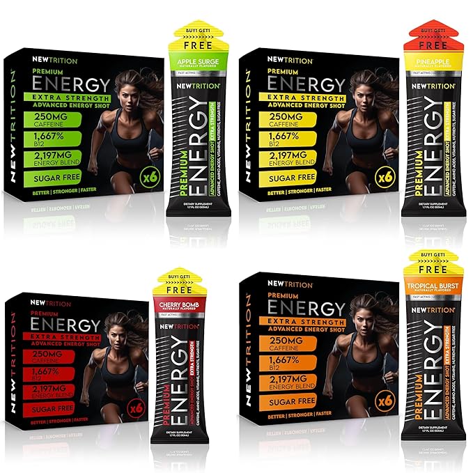 NewTrition® Extra Strength Energy Shots 1.7 fl oz - 250mg Caffeine with B Vitamins & Amino Acids, Sugar-Free Zero Calorie Vitamin Energy Drink for Focus & Endurance (Pack of 24, 8 Flavors - Mixed 1&2)
