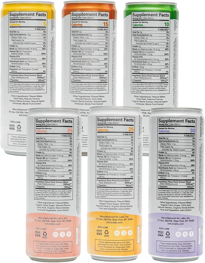 LEILO | Kava Powered Sparkling Relaxation Drink | Variety Sampler 6-Pack - Non-ALC Calming Beverage - Includes (3) Classic & (3) Mocktail Flavors | 12 fl oz Cans (Pack of 6)