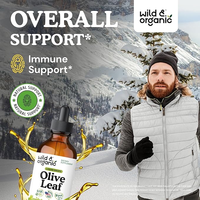 Wild & Organic Olive Leaf Liquid Extract - Olive Leaf Supplement for Immune Support - Oleuropein Liquid Drops - Vegan, Sugar & Alcohol Free Tincture - 4 fl oz