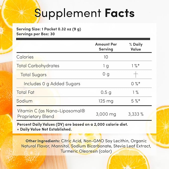 Vida Lifescience Aurora Nutrascience Nano-Pack Liposomal Vitamin C Powder Drink Mix, Immune Support, High Strength 3,000 mg Per Serving, 30 Single Serve Packets, Orange