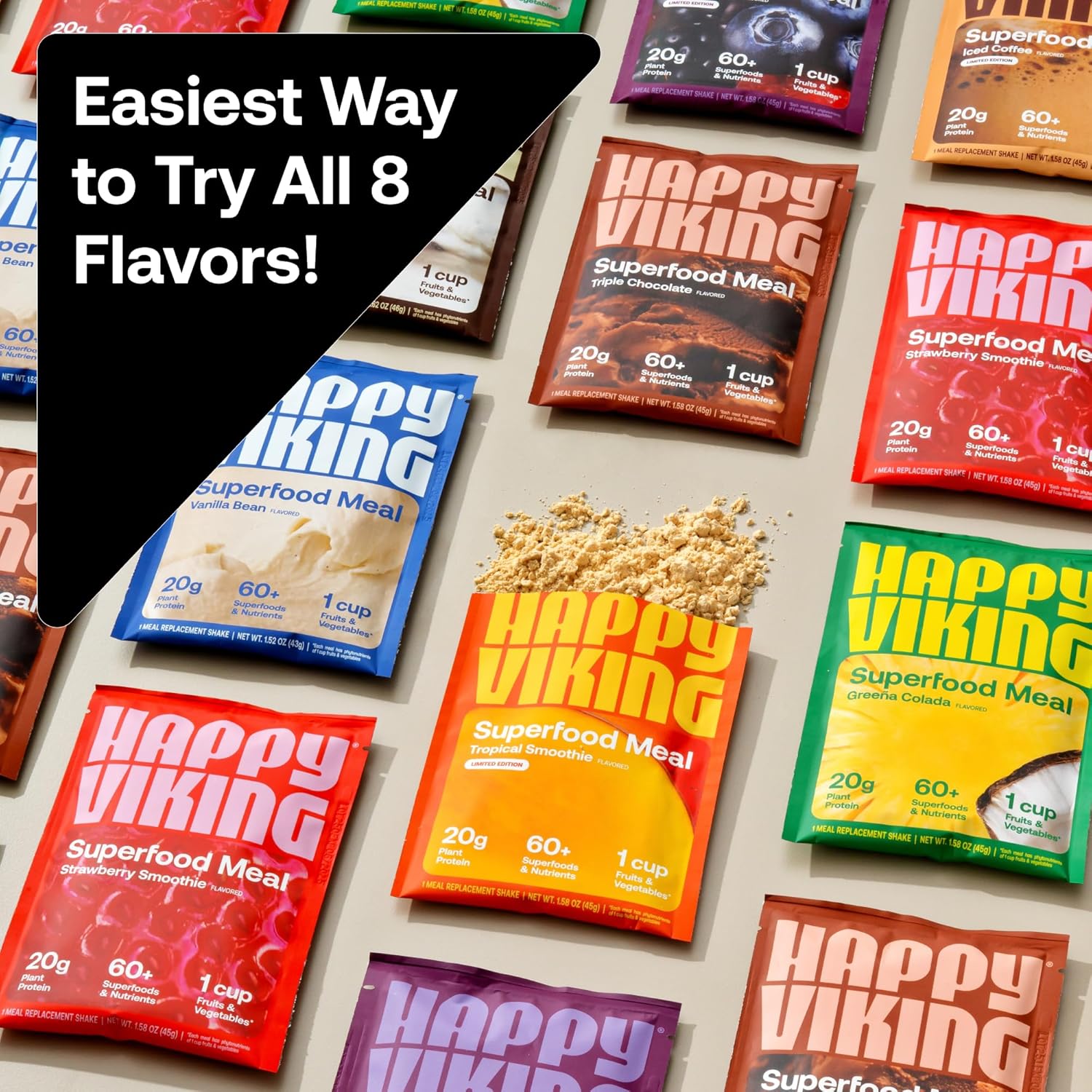 Happy Viking Variety Pack Plant Protein Powder, Created by Venus Williams, 20G Protein, Low Carb, Keto, Vegan, Gluten-Free, Non-GMO, Superfoods, Complete Meal Replacement, 8 Single Serve Packs