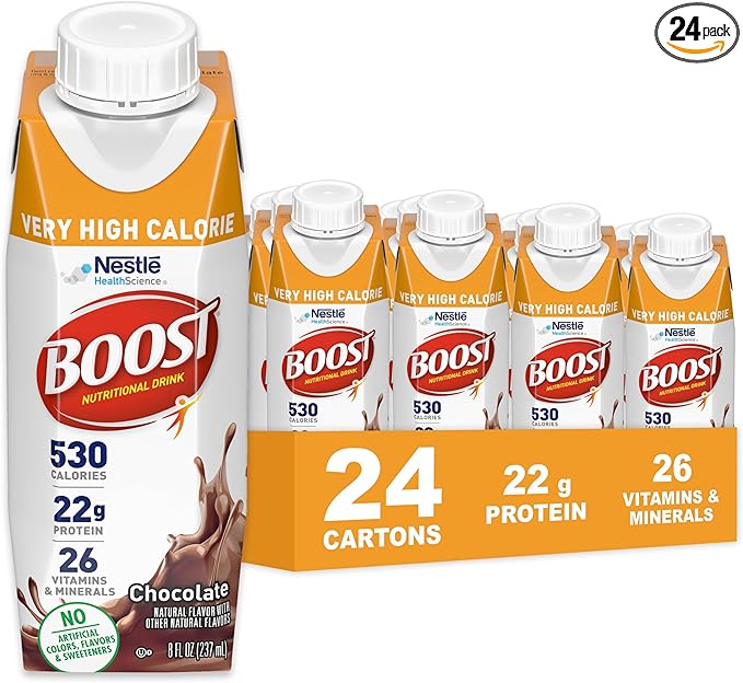 BOOST Very High Calorie Nutritional Drink – Helps Weight Gain & Maintenance - 530 Calories - 26 Vitamins & Minerals - 22 g Protein - Calorie-Dense Nutritional Drink - Chocolate - 8 fl oz (Pack of 24)