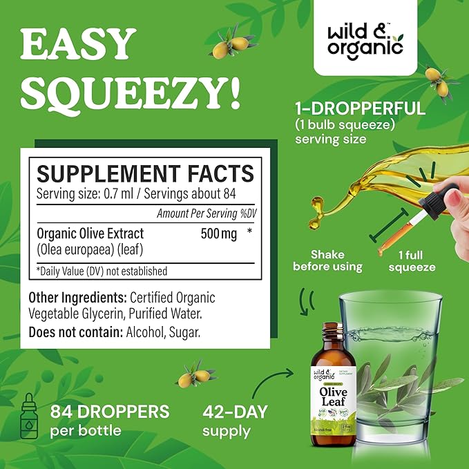 Wild & Organic Olive Leaf Extract Liquid Drops - Antioxidant & Immune Support - Oleuropein Olive Leaf Supplement - Vegan, Sugar & Alcohol-Free Drops - 2 fl oz