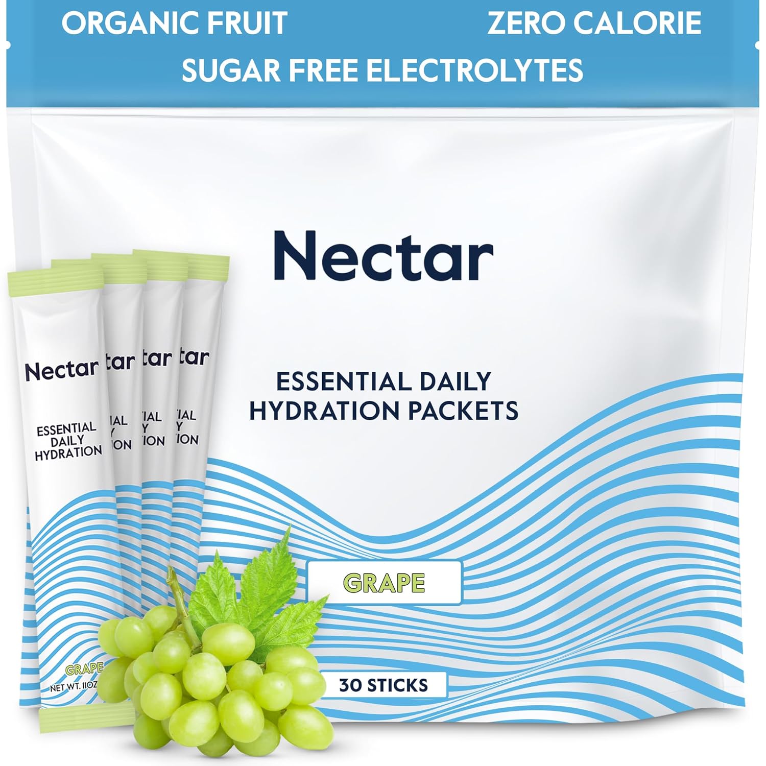 Nectar Hydration Packets - Electrolytes Powder Packets - Sugar Free & 0 Calorie - Organic Fruit Liquid Daily IV Electrolytes Powder for Dehydration Relief & Rapid Rehydration (Grape 30 Pack)