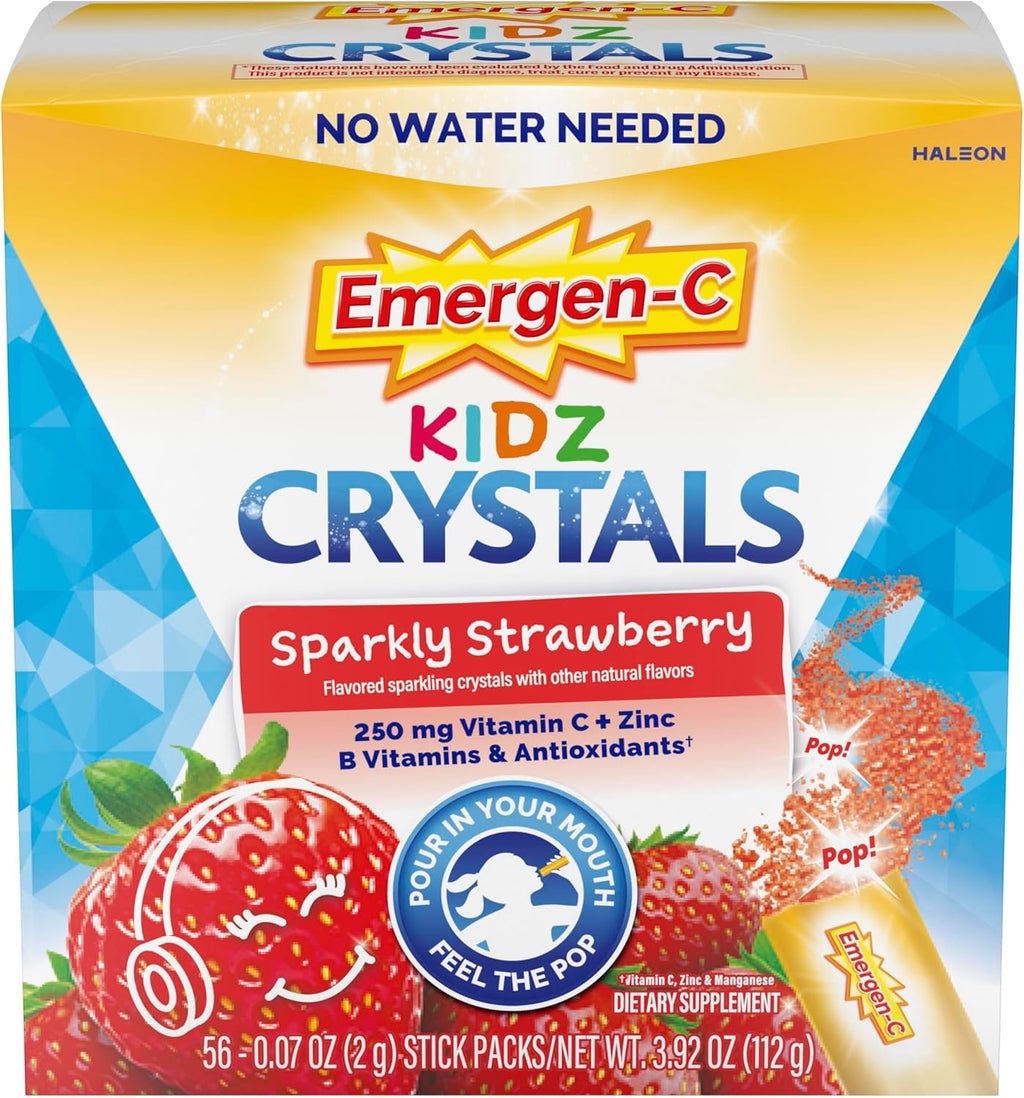Emergen-C Kidz Crystals, On-the-Go Emergen-C Immune Support Supplement with Vitamin C, B Vitamins, Zinc and Manganese, Sparkly Strawberry, Stocking Stuffer - 56 Stick Packs