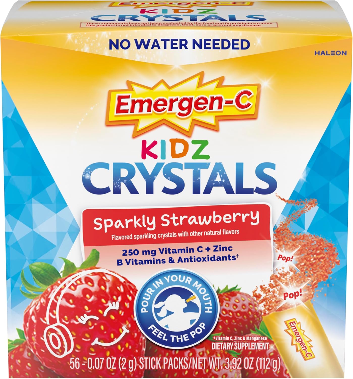 Emergen-C Kidz Crystals, On-the-Go Emergen-C Immune Support Supplement with Vitamin C, B Vitamins, Zinc and Manganese, Sparkly Strawberry, Stocking Stuffer - 56 Stick Packs