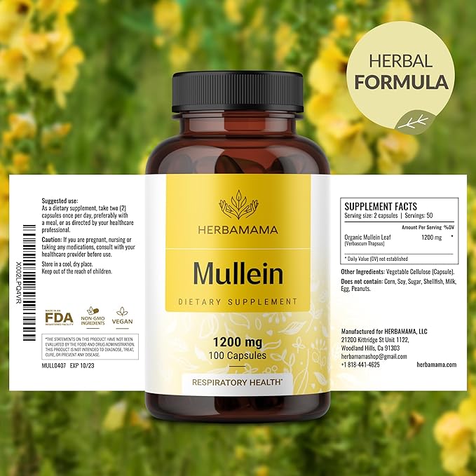 HERBAMAMA Mullein Leaf Capsules - 1200mg Mullein Leaf Extract for Lung Detox Support - Vegan, Non-GMO Respiratory Lung Cleanse Supplement