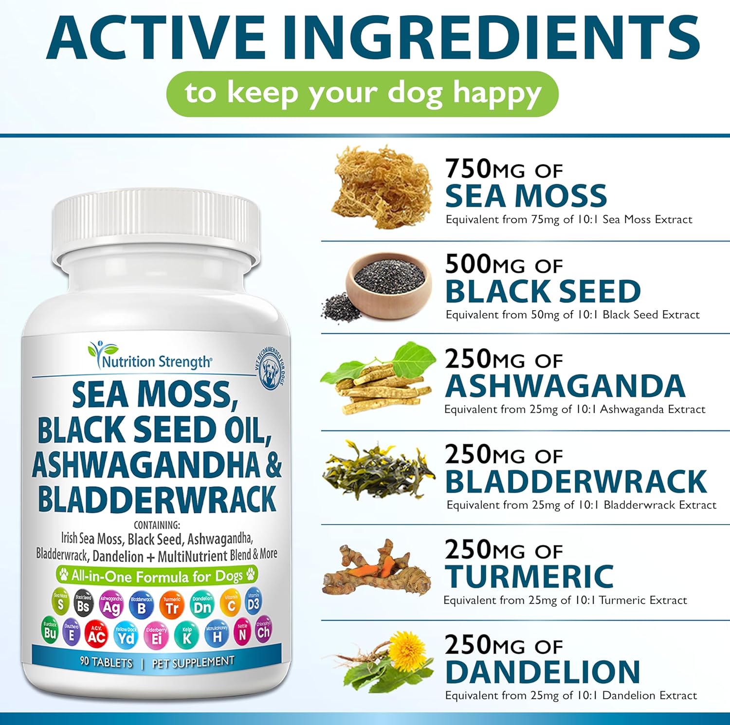 Sea Moss for Dogs 750mg Black Seed Oil 500mg Ashwagandha 250mg Turmeric 250mg Bladderwrack 250mg Dandelion 250mg & Vitamin C Vitamin D3 with Elderberry Manuka Yellow Dock 90 Tablets
