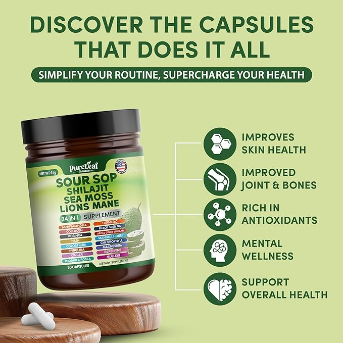 Soursop Shilajit, Sea Moss, and Lions Mane - 24-in-1 Supplement with Ashwagandha, Black Seed Oil, Rhodiola Rosea, Ginger, Collagen, Turmeric - Made in USA - 60 Capsules