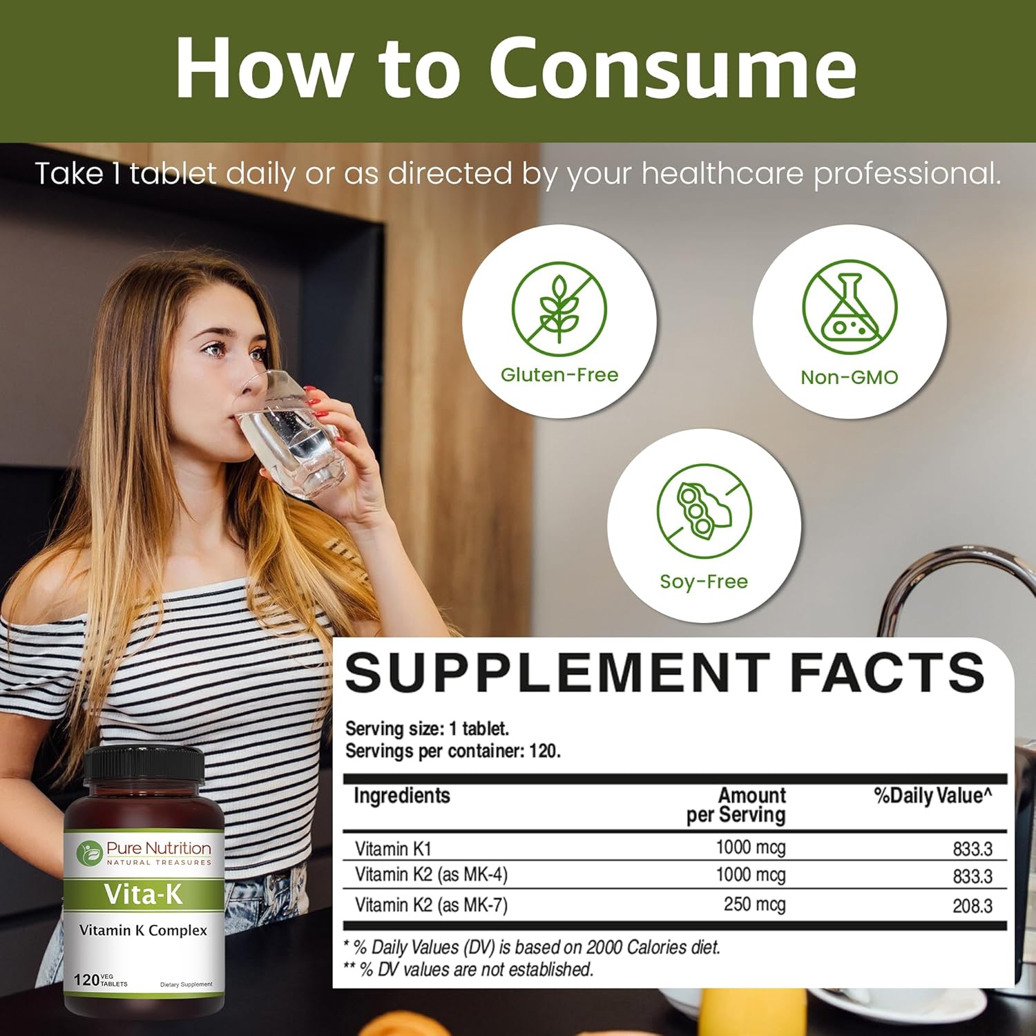 Pure Nutrition Vitamin K Complex K1 + K2 | 2250 mcg | 120 Tab | Full Spectrum K Vitamin Supplement with K1 1000mcg, K2 as MK4 1000mcg + K2 as MK7 250 mcg | Non GMO | Gluten Free