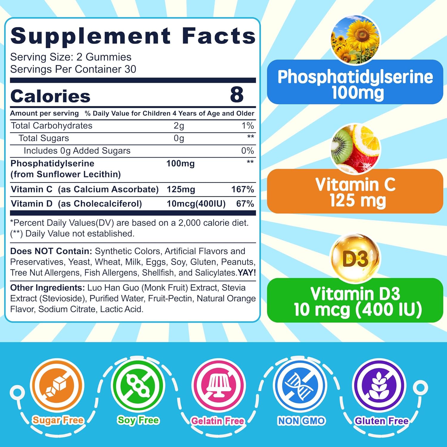 Phosphatidylserine Supplement 100mg, Focus Gummies for Kids Teens + Vitamin C & D3 400IU, Sugar Free Kids Brain Gummies Increase Attention & Concentration, Chewable, Vegan, Gluten Free, Non-GMO 60Cts