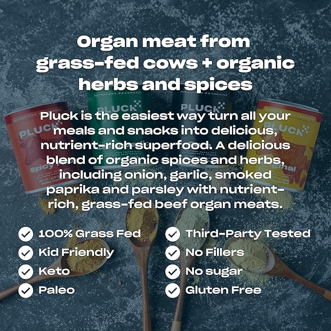 Pluck Pure Beef Organs Powder | From 100% Grass Fed & Grass Finished Pastured Beef Liver, Kidney, Spleen, Heart, & Pancreas | As Seen on ABC’s Shark Tank | 30 Servings