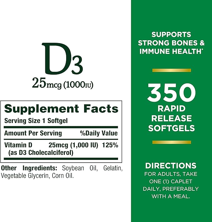 Nature's Bounty Vitamin D3 1000 IU Softgels, Immune Support, Promotes Healthy Bones, 1 Softgel per Day, Gluten Free, 350 Count (Pack of 2)