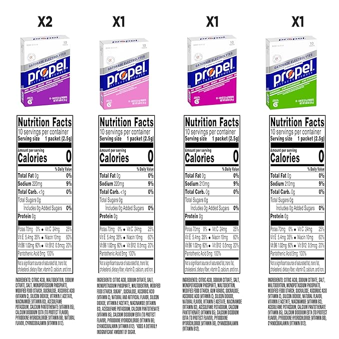 Propel Electrolyte Enhanced Water Drink Mix Powder Packets, 4 Flavor Variety Pack, Zero Calorie & Zero Sugar Hydration with Electrolytes and Vitamins C & E (50 Packets)