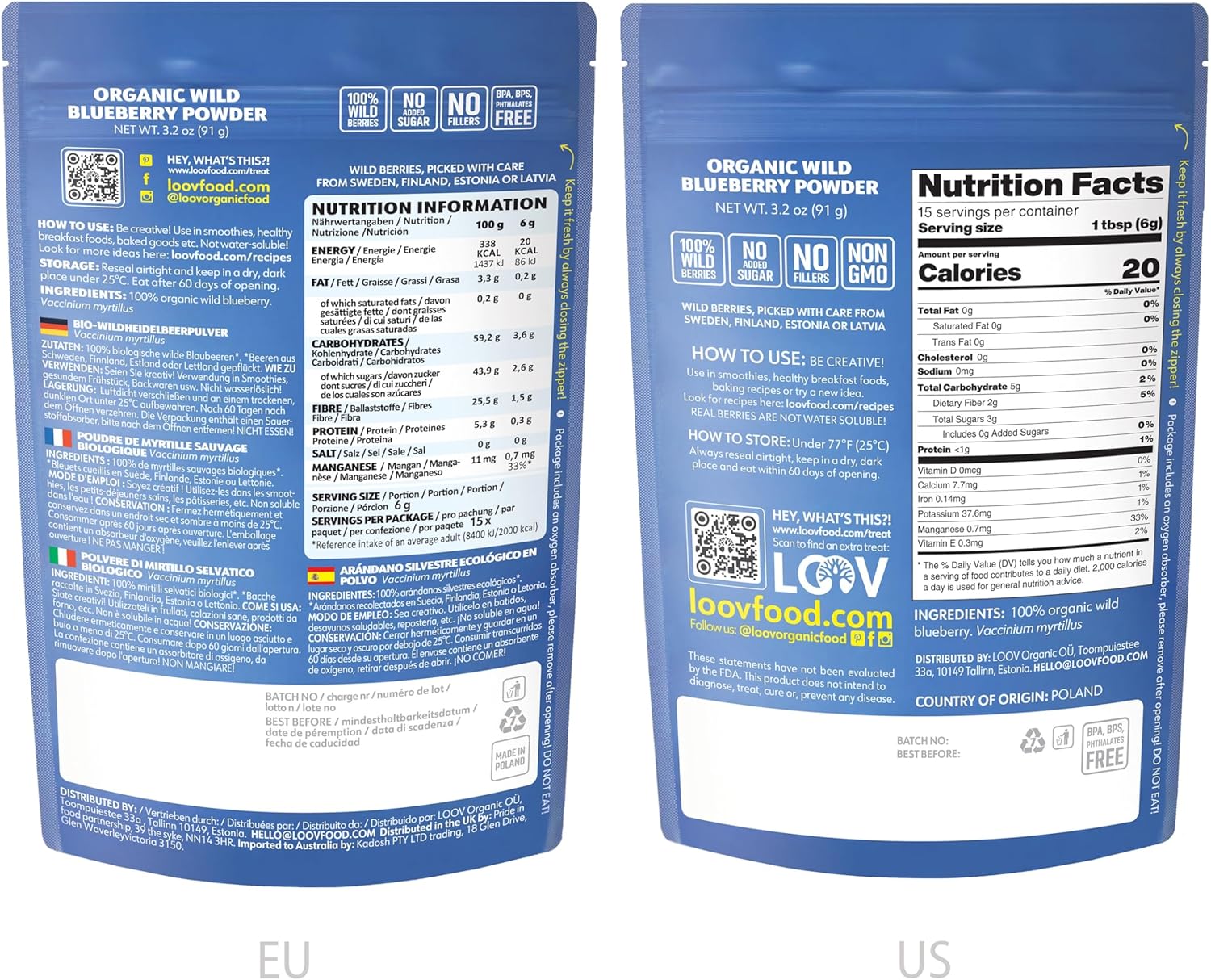 LOOV Organic Wild Blueberry Powder - 15-Day Supply, 3.2 Oz, Good for Smoothie & Breakfast, Freeze-Dried, from Northern Europe, No Added Sugar