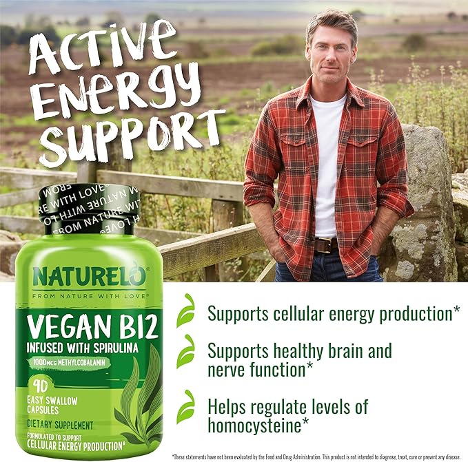 NATURELO Vegan B12 - Methyl B12 with Organic Spirulina - 90 Capsules and Magnesium Glycinate Chelate Complex - 120 Capsules Bundle