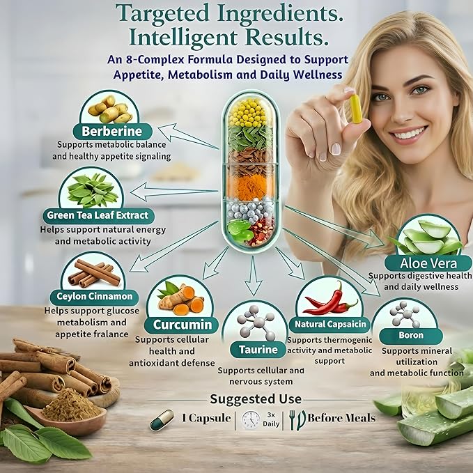 GLP-1 Supplement for Weight Loss & Appetite Suppressant for Women and Men, 8-in-1 Formula with Berberine and Green Tea Extract, Metabolism Support for Weight Management and Daily Energy Focus, 90 Caps