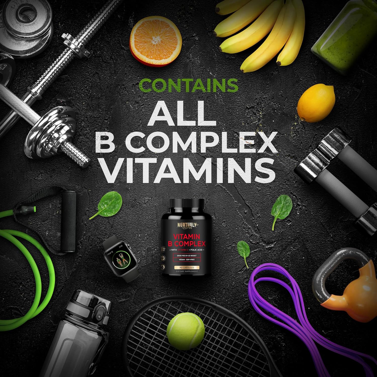Vitamin B Complex with Vitamin C - Contains All Essential B Vitamins - B1, B2, B3, B5, B6, B7, B9, B12 and Biotin - Super B Complex Vitamins for Energy, Immunity and Mood Support - 90 Capsules